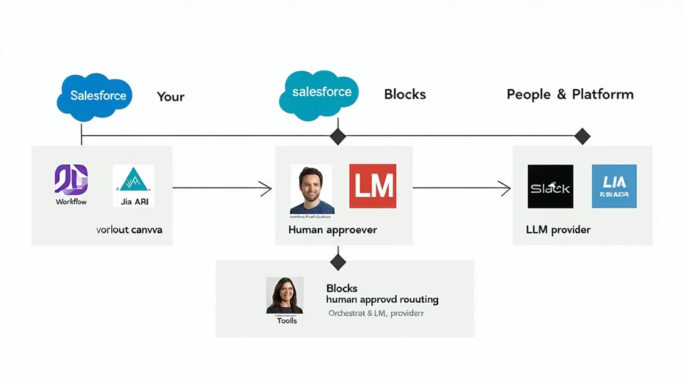 Blocks platform architecture showing workflow canvas connected to integrations, LLM providers, and human approval layer